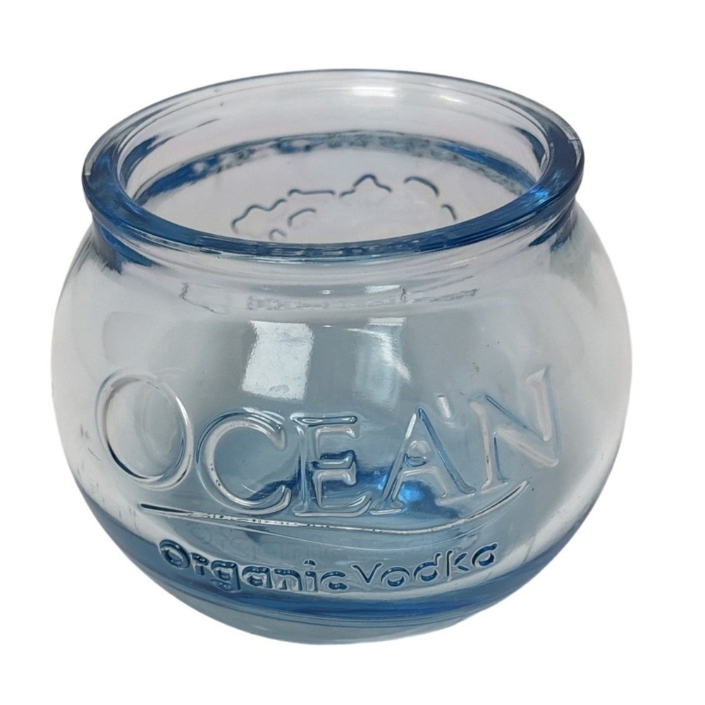 Ocean Organic Vodka Blue Glass Fishbowl Cup‎ Made in Hawaii Barware Decor 3.25in